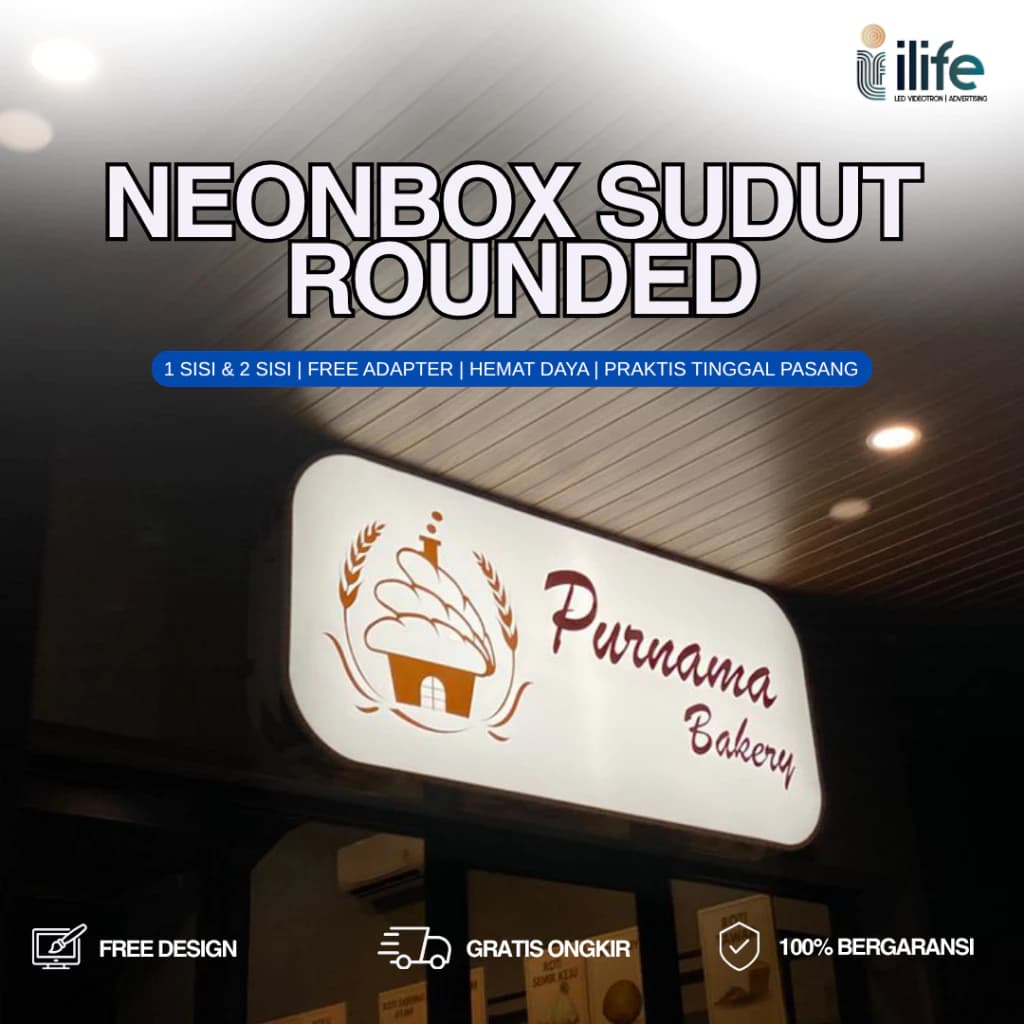 Gambar neon box sudut rounded milik Purnama Bakery