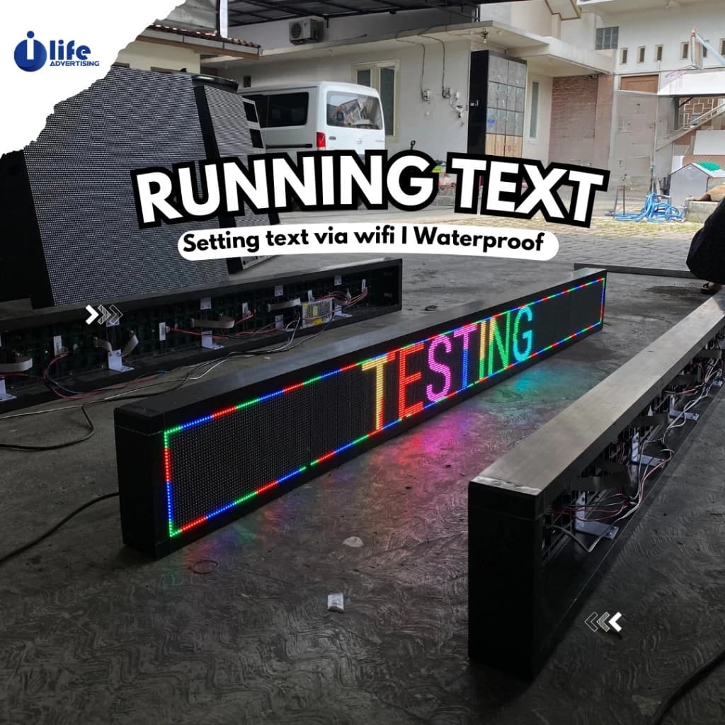 Gambar running text RGB full color dengan tulisan "testing"