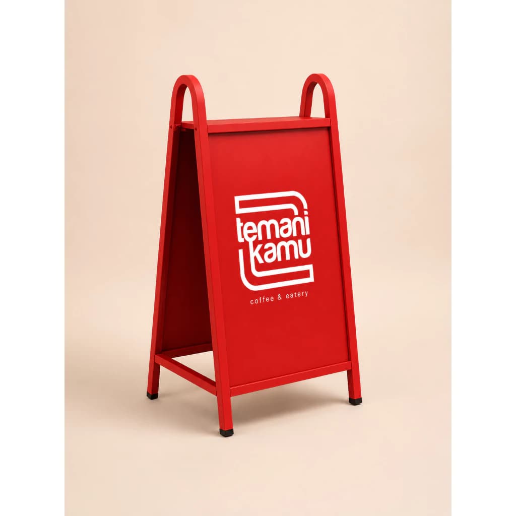 Gambar standing sign atau papan menu berdiri warna merah material besi