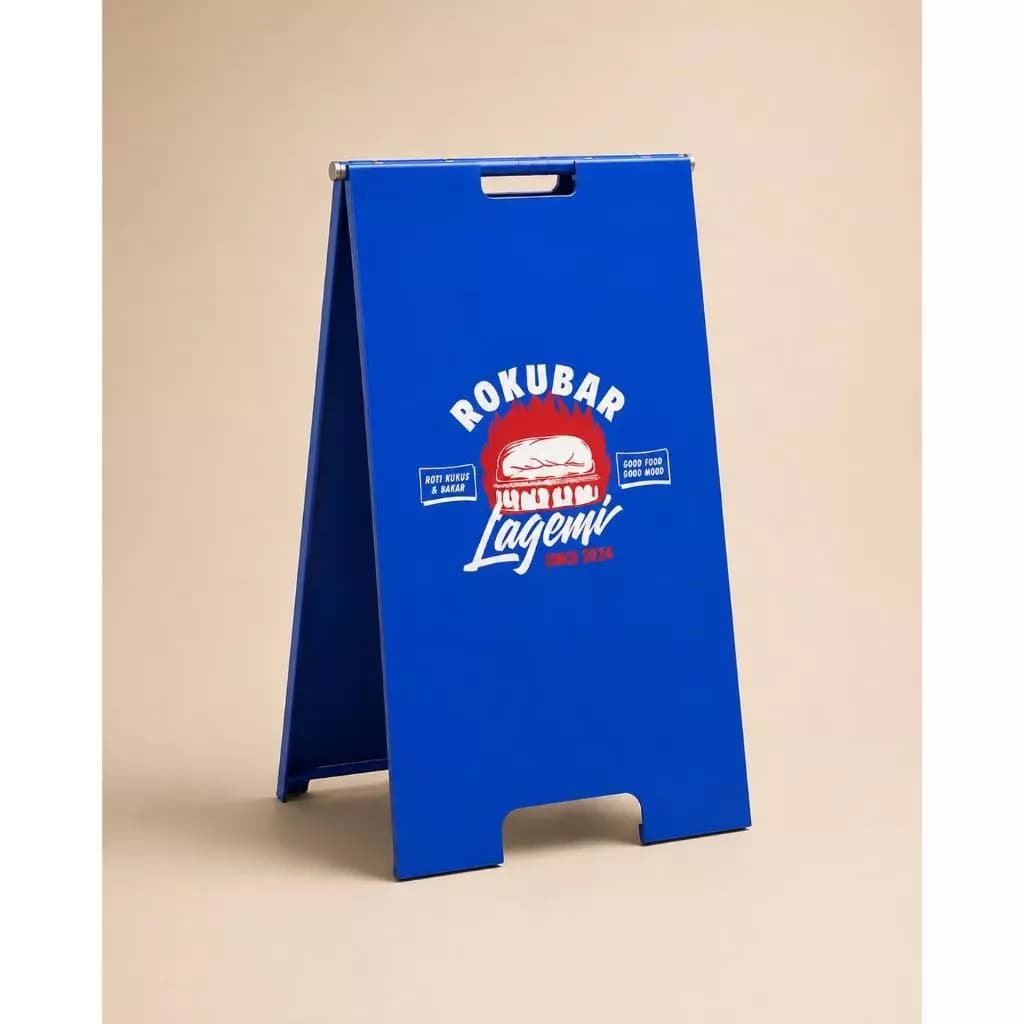 Gambar standing sign atau papan menu berdiri warna biru material besi